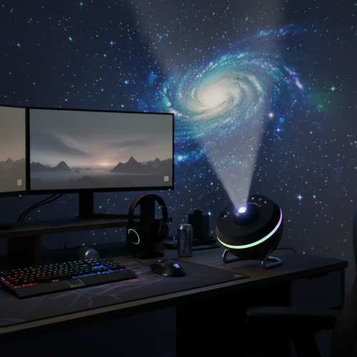 Black galaxy projector on gaming desk with galaxy projection on wall
